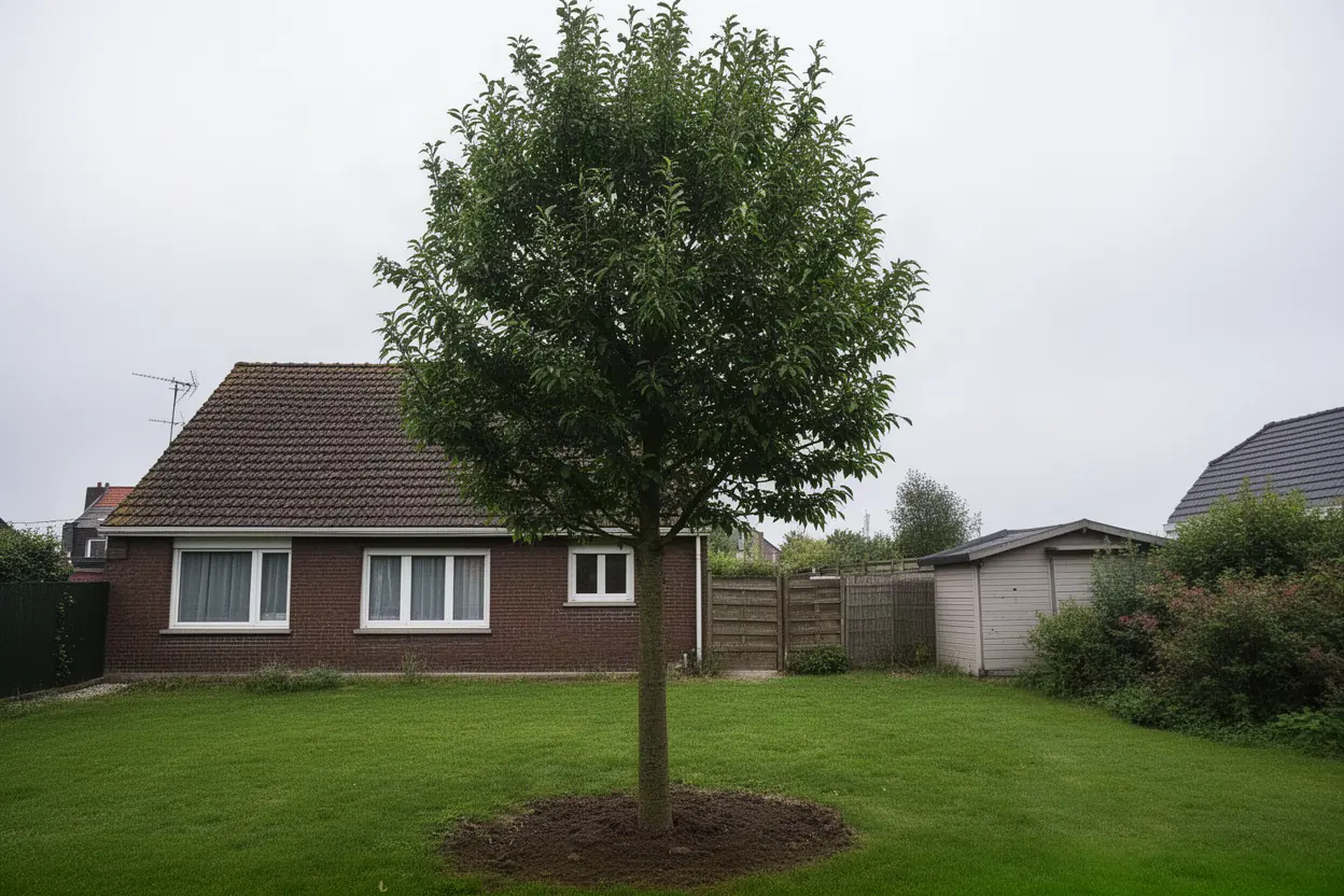Arbre à abattre dans un jardin résidentiel à Dunkerque