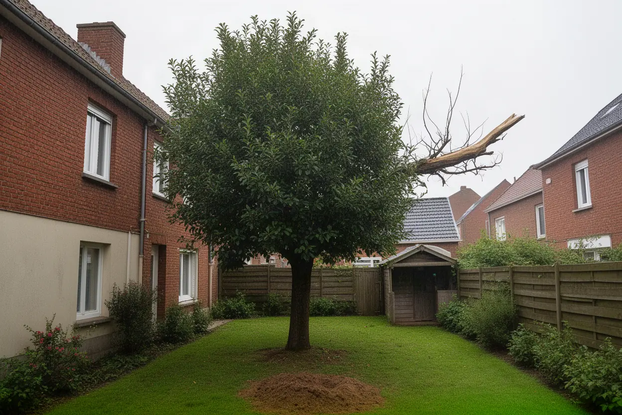 Arbre avec branches fragilisées dans une cour dunkerquoise