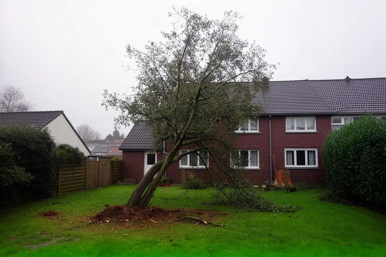 Arbre incliné à sécuriser près d'une maison