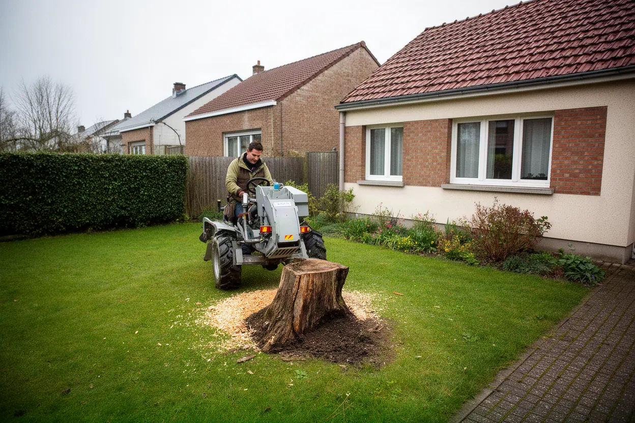 Rognage d’une souche dans un jardin à Petite-Synthe