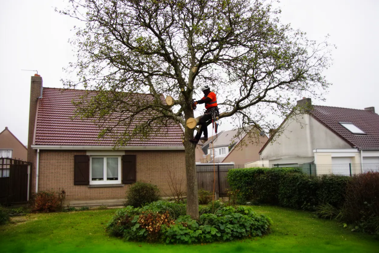 Élagueur taillant un arbre près des jardins de Malo-les-Bains