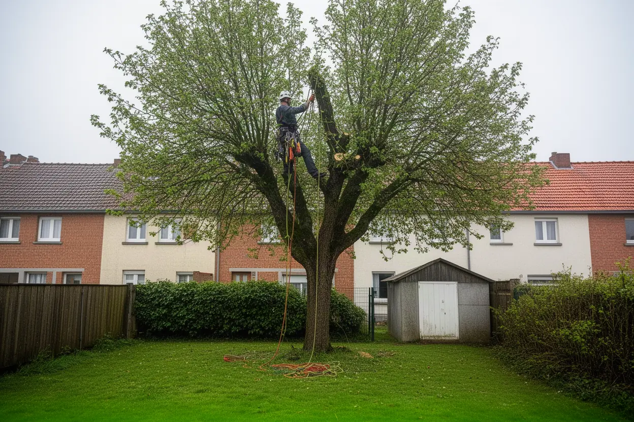 Élagueur grimpeur sécurisant une branche à Dunkerque