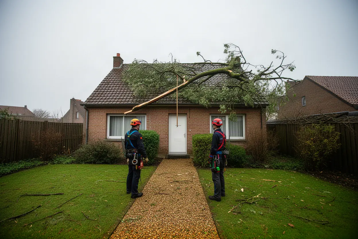 Élagueur sécurisant une branche cassée après le vent à Dunkerque