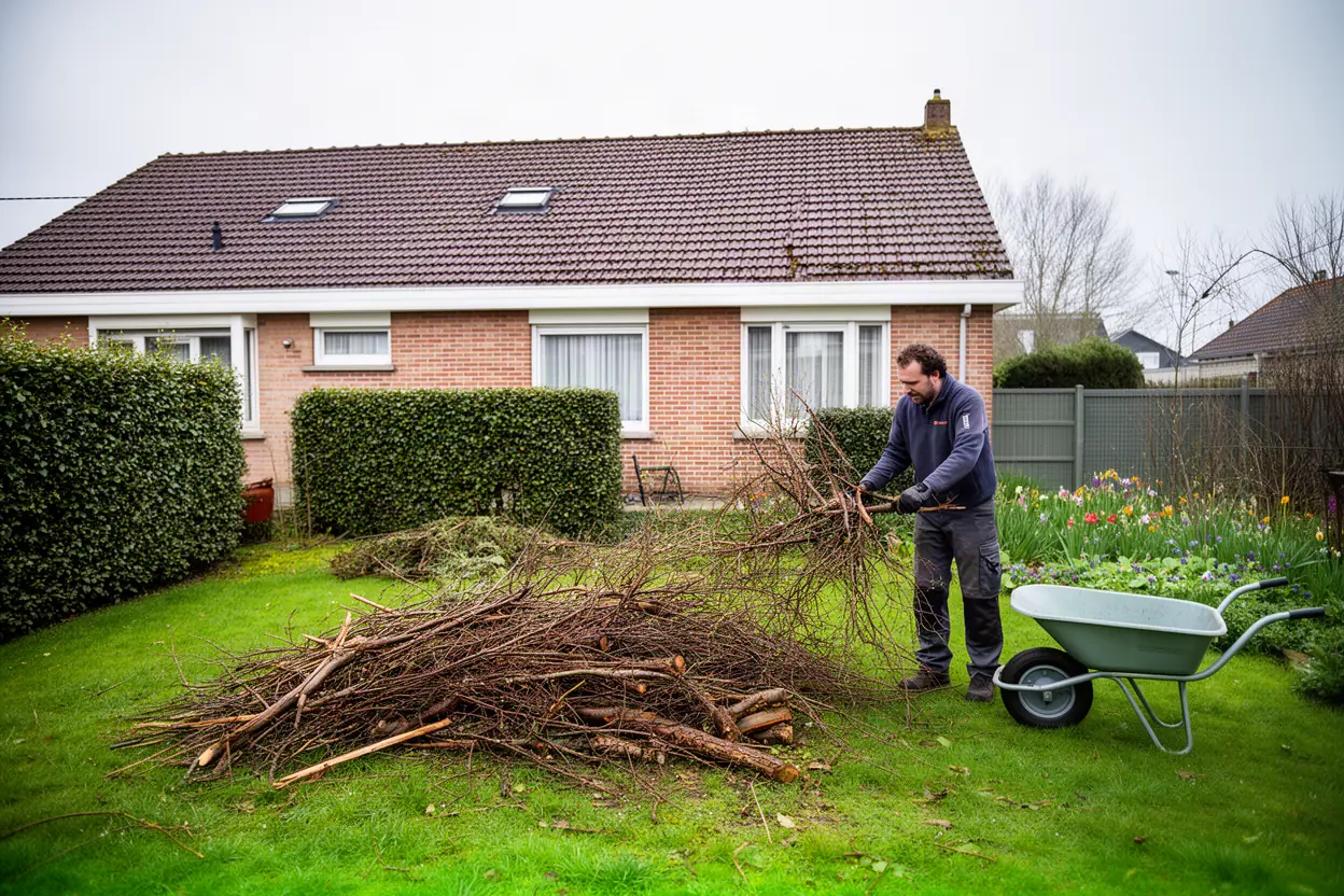 Broyage des branches après élagage dans un jardin de Dunkerque